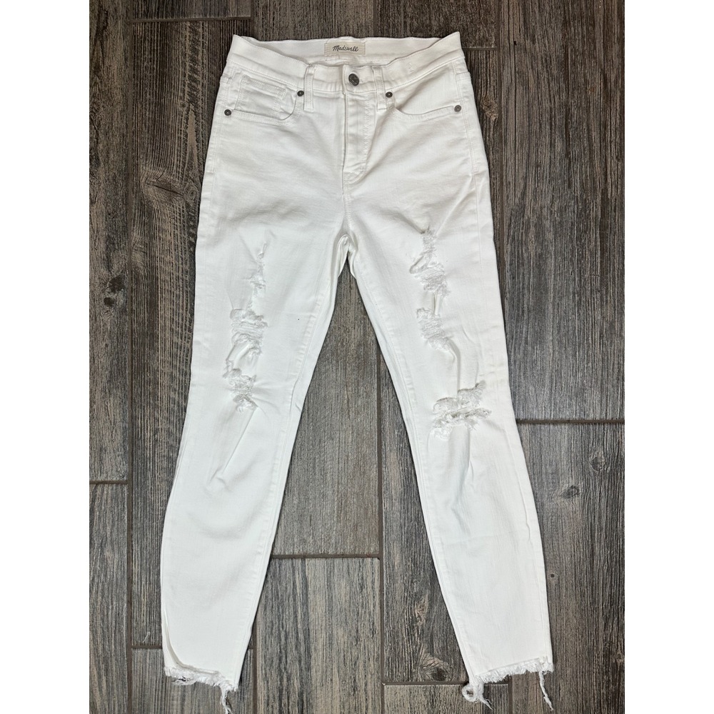 Madewell White Ripped Distressed High Rise Crop Skinny‎ Jeans Raw Hem